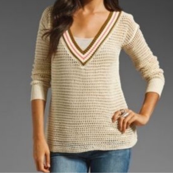 WE THE FREE People Varsity Sweater Open Knit VNeck Stripe Ivory Cream Pink Brown - Picture 1 of 11